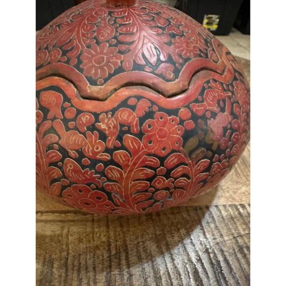 Mexican Handcrafted Decorative Red & Black Lidded Gourd Bowl With Floral & Fish - Picture 2 of 8